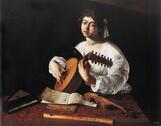 Portrait of a lute player by Caravaggio currently at the Metropolitan Museum of Art - image shows a young male figure playing the lute with a slightly open mouth.  Instruments and a music book are on the table in front of him.  The subject may have been Mario Minniti, a fellow artist and companion of Caravaggio.
