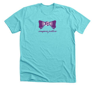 Light blue T-Shirt with the image of a purple bowtie with musical notes at the center knot, with the words 