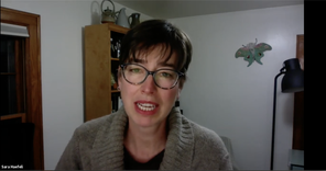Screen capture photograph of Sara Haefeli, a woman with short brown hair and glasses wearing a grey sweater and sitting in front of a bookshelf and a decorative butterfly on a wall