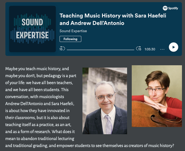 Screenshot from Sound Expertise blog, showing a description of the blog episode, a headshot of Andrew Dell'Antonio, a middle-aged man with graying hair wearing a navy pinstriped suit, a white shirt, and a purple tie looking up at the camera and smiling; and headshot of Sara Haefeli, a woman with short dark hair and glasses, wearing a red top, resting her chin on her hands and her hands on a cello, and smiling at the camera.
