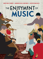 Cover of The Enjoyment of Music, 14th Edition, W W Norton.  Hand-drawn image depicts a band shell with musicians inside performing and several people gathered in front, sitting on chairs and on the grass (and one person in a wheelchair) ostensibly listening to the musicians play.