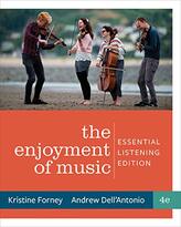 Cover of The Enjoyment of Music, 4th Essential Listening Edition, W W Norton; photograph shows four young people with the instruments of a string quartet (two violins, a viola, and a cello) laughing on the beach.